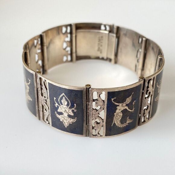 Siam Vintage 925 Sterling Silver Enamel Dancer Goddess Panel Link Bracelet - Picture 1 of 6